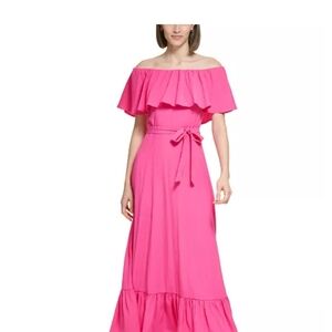 Womens off the shoulder ruffled maxi dress hibiscus pink calvin klein design